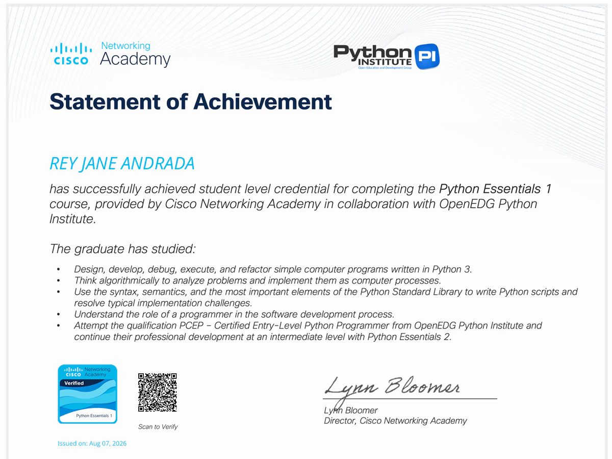 Python Essentials 1 certificate